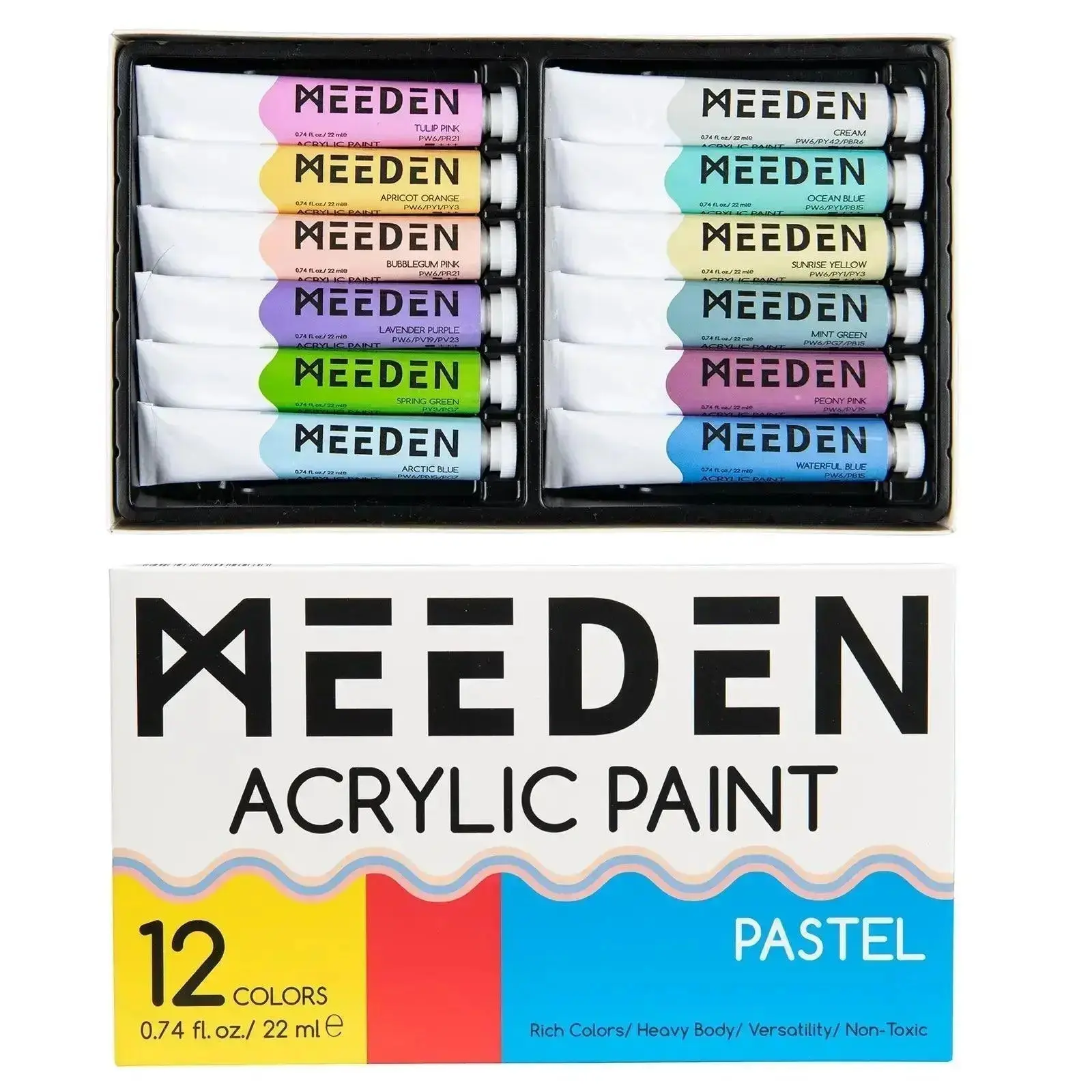סט 12 צבעי אקריליק בגווני פסטל  - 22 מ"ל - MEEDEN